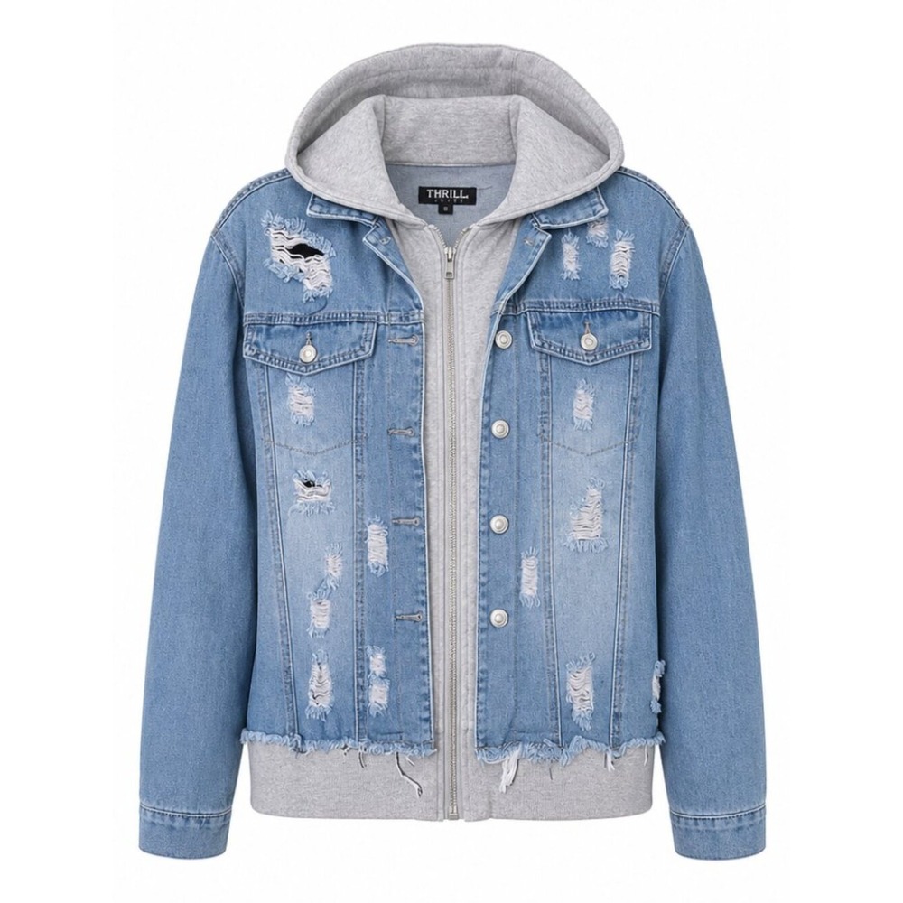 Thrill Jeans Plus Size Faux Double Layer Distressed Grunge Jean Jacket 1X